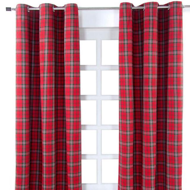 Homescapes Edward Tartan Check Ready Made Eyelet Curtain Pair - 137 x 182 cm Drop Red Red