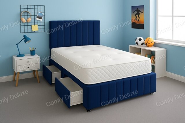Blue Plush 4ft6 Double Divan Bed Set Headboard & Footboard - 2 Drawers Left Side Laying in Bed
