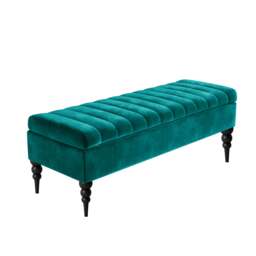 150cm Sierra Striped Ottoman Storage Bench with Black Turned Wooden Legs - Emerald Green Plush Velvet Upholstered Shoes Bench