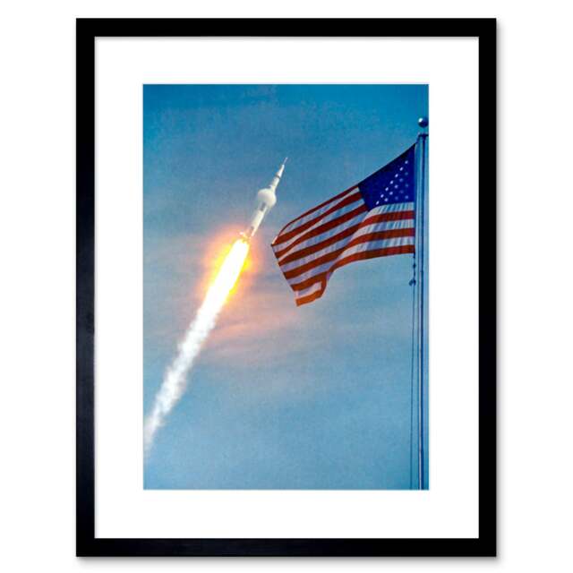 "Apollo 11 Spaceship NASA American Flag 9x7"" Black Framed Wall Art Print"