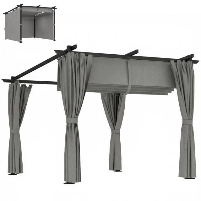 Outsunny 3 x 3(m) Metal Pergola with Retractable Roof and Sidewalls, Light Grey Grey Light grey 297L x 295W x 230H cm