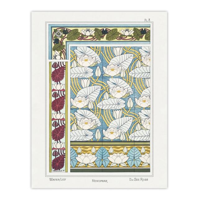 "Water Lily Patterns Vintage Floral Wall Art Print Verneuil 24x32"""
