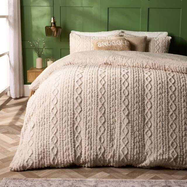 OHS Ultra Soft Cable Knit Sherpa Fleece Duvet Set Cream Natural King