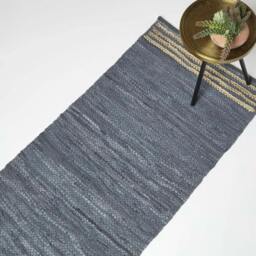 Homescapes Recycled Leather Handwoven Stripe Rug Grey Grey