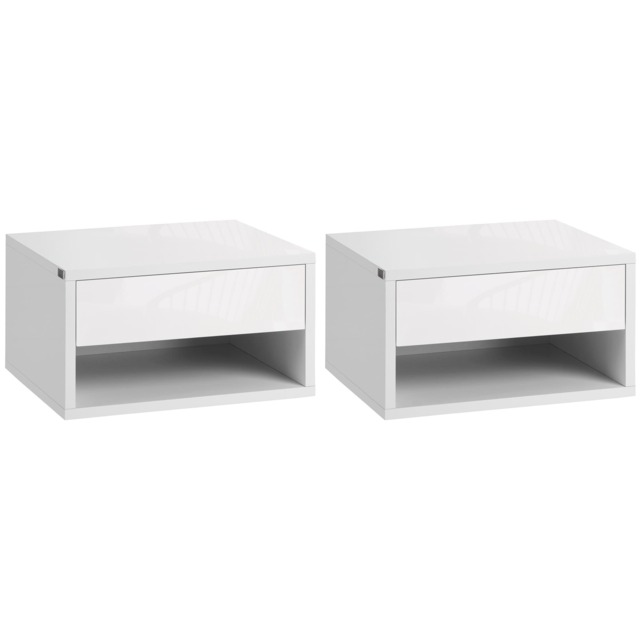 HOMCOM Floating Bedside Table Set of 2 Wall Mounted Nightstand with Storage Drawer and Open Shelf for Bedroom, High Gloss White White