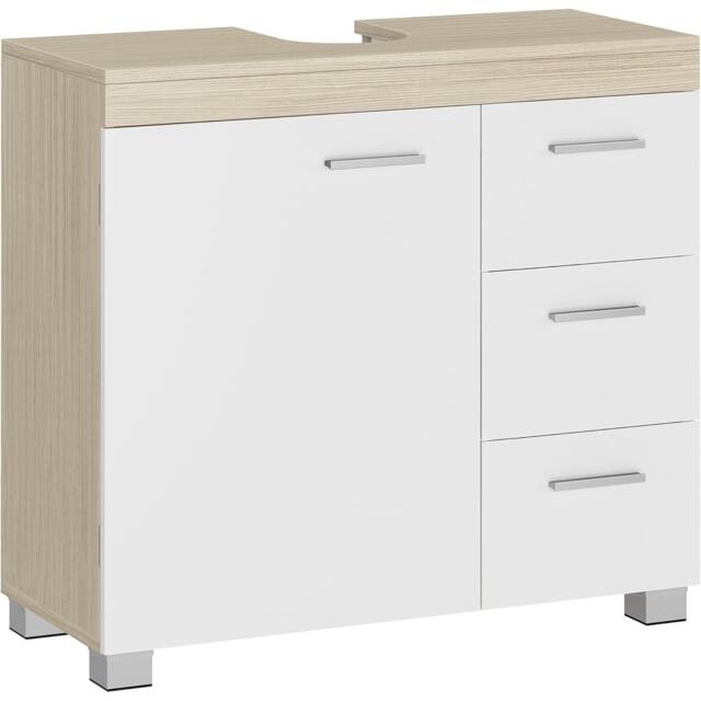 Under Sink Bathroom Storage Cabinet with 3 Drawers and Door Compartments, Cloud White and Natural Beige