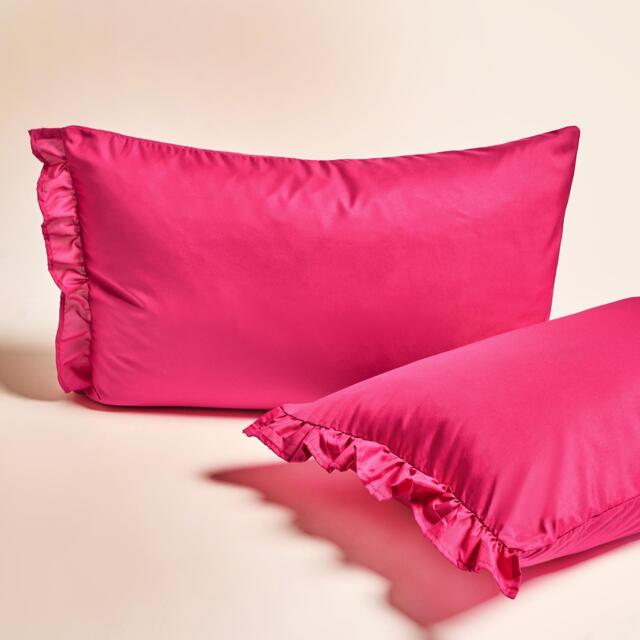 OHS 2 x Frill Edge Decor Pillowcases Microfibre Pillow Covers Pink Hot Pink Standard