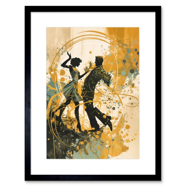 "Young Couple Dancing to Swing Music at a Club Watercolour 9x7"" Black Framed Wall Art Print"