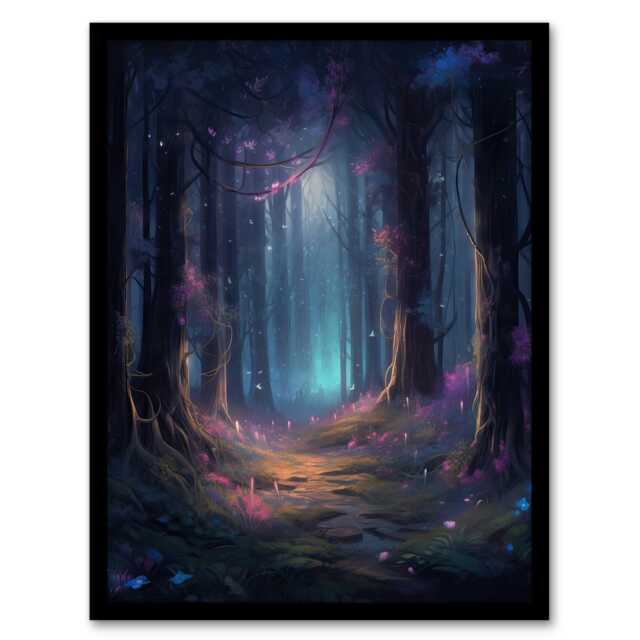 Enchanted Forest Bioluminescent Flowers Oil Black Framed Wall Art Print A4