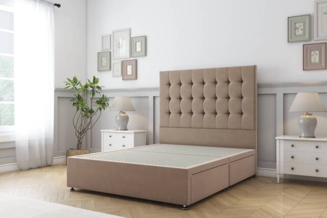 Sloomy Alabama Mink Plush Divan Bed Base No Drawers With 26 Inch Strutted Headboard Brown Mink Single 1