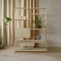 Iron Framed Shelf Unit For Study Room,Bookcase Storage Unit,Gold Finished Display Unit,Oak Wood Shelf Unit Gold