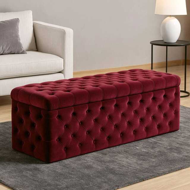 180cm Wide Lux Ottoman Storage Box, Red Velvet Upholstered Chesterfield Storage Ottoman Box