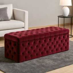 180cm Wide Lux Ottoman Storage Box, Red Velvet Upholstered Chesterfield Storage Ottoman Box