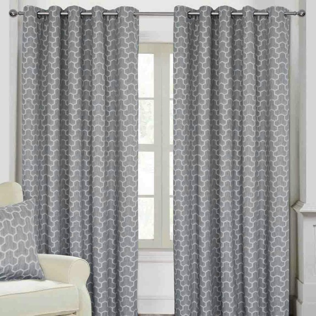 Homescapes Grey Geometric Jacquard Blackout Eyelet Curtain Pair - 66 x 54 Inches Grey Grey