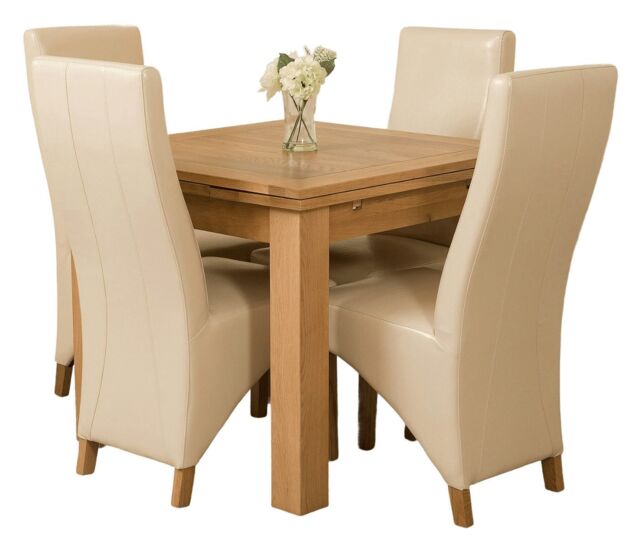 Richmond 90-150cm Square Oak Extending Dining Table & 4 Lola Leather Chairs Cream Cream