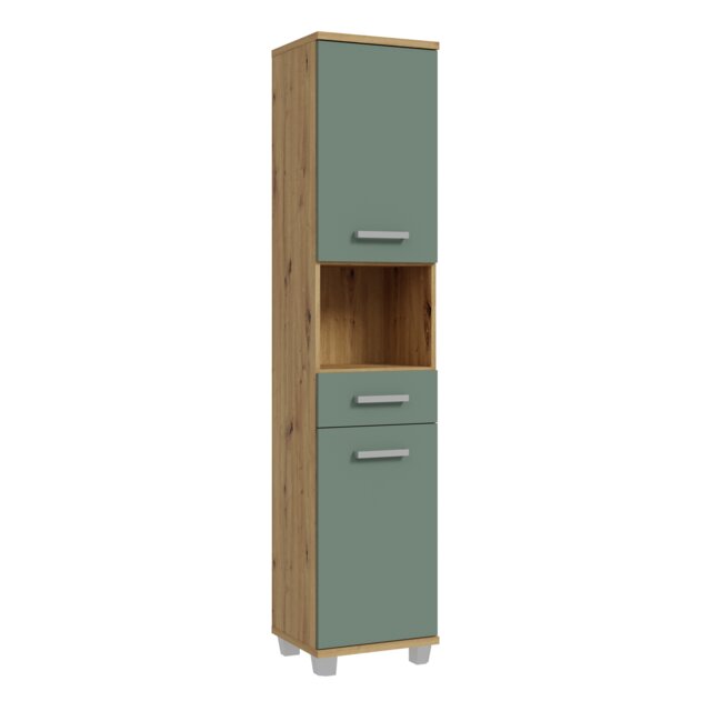 Veris Tall Narrow Bathroom Cupboard with 2 Doors & 1 Drawer in Artisan Oak and Sage Green