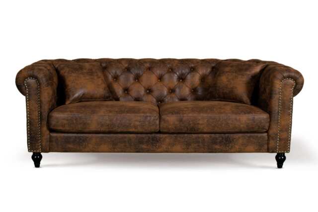 Faux Leather Suede Brown 3 Seater Chesterfield Sofa With Wooden Feet CAMDEN