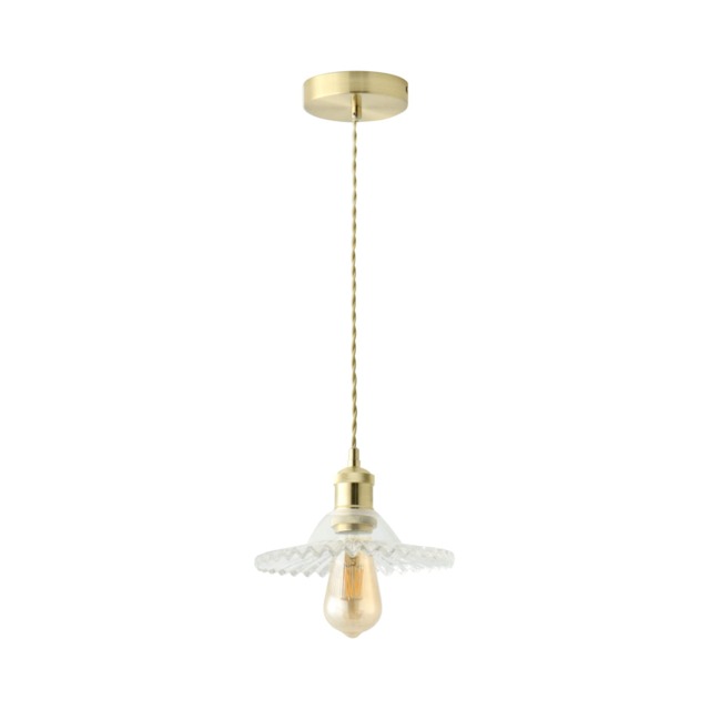 ValueLights Lucrezia Brushed Gold Hanging Ceiling Pendant Light Fitting with Clear Frilled Glass Shade and Bulb