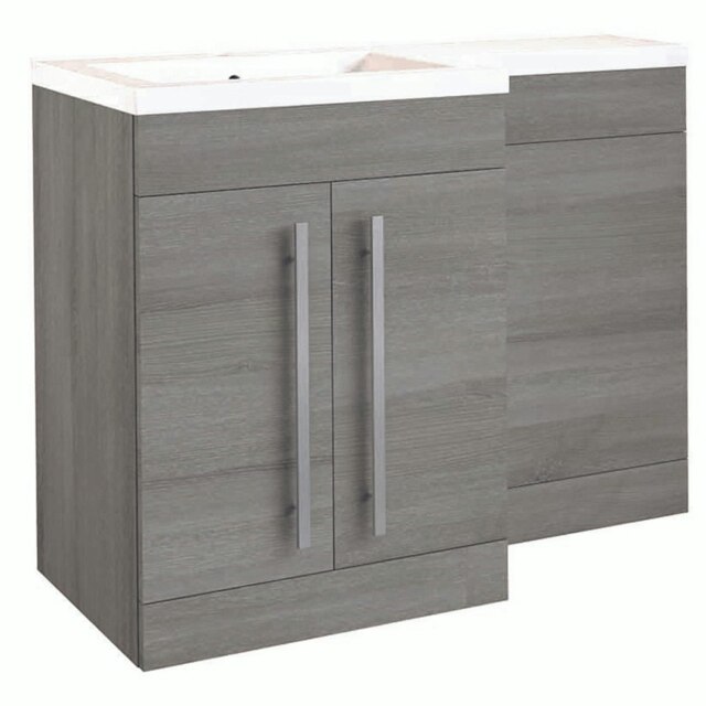 Bathroom Left Handed 2 Door Combination Unit with L Shape Basin 1100mm Wide (Nexus) - Silver Oak - Brassware Not Included Brown Brown 1