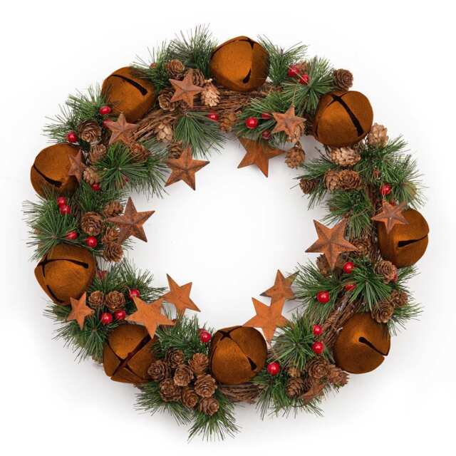 40cm Bells Stars Pine Green Christmas Wreath