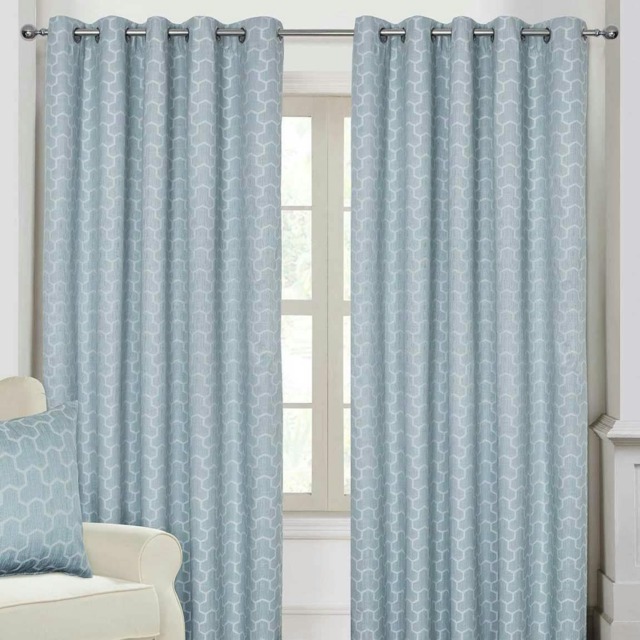 Homescapes Blue Geometric Jacquard Blackout Eyelet Curtain Pair - 66 x 54 Inches Blue Blue