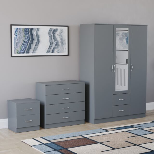Vida Designs Riano 3 Piece Bedroom Set (2 Drawer Bedside Chest, 4 Drawer Chest, 3 Door 2 Drawer Mirrored Wardrobe) - Grey