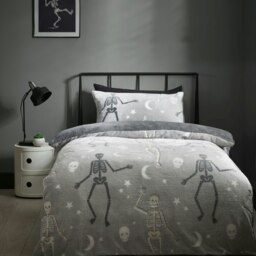 Catherine Lansfield Halloween Skeleton Fleece Glow in the Dark Duvet Cover Set Grey Grey Single