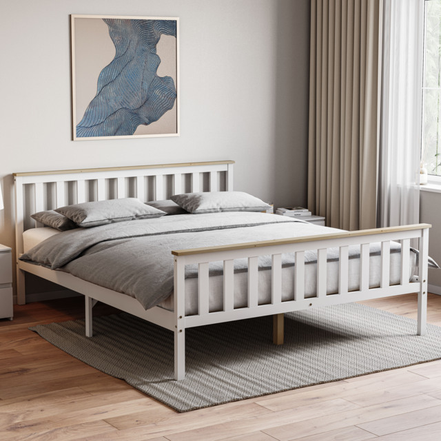 Vida Designs Milan 5ft King Size Bed Wood Frame, High Foot End, White & Pine, 150 x 200cm