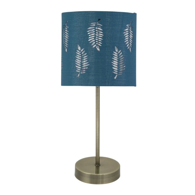 Antique Brass Stick Table Lamp with Teal Fern Cut Out Shade