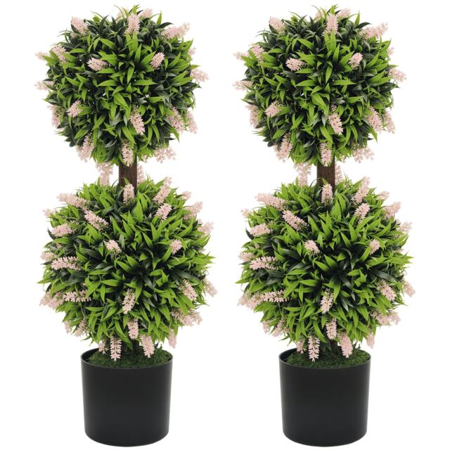 HOMCOM Set of 2 Decorative Artificial Plants Ball Trees with Lavender Flowers in Pot Fake Plants for Home Indoor Outdoor Decor, 70cm, Pink