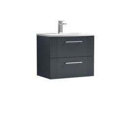 Balterley Partial Fluted 2 Drawer Wall Hung Vanity Unit with 1 Tap Hole Curved Basin Grey Satin Soft Black