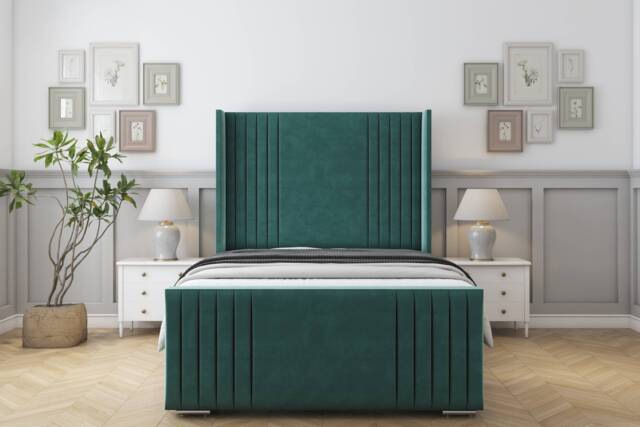 "Sloomy Camden Emerald Plush Bed Frame With 50"" Upholstered Wingback Headboard 2'6 Small Single"