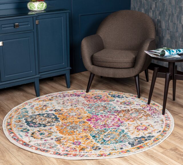LIVABLISS Harput-Vintage Traditional Boho Round Rug Ø160 cm Orange Blue Beige Grey