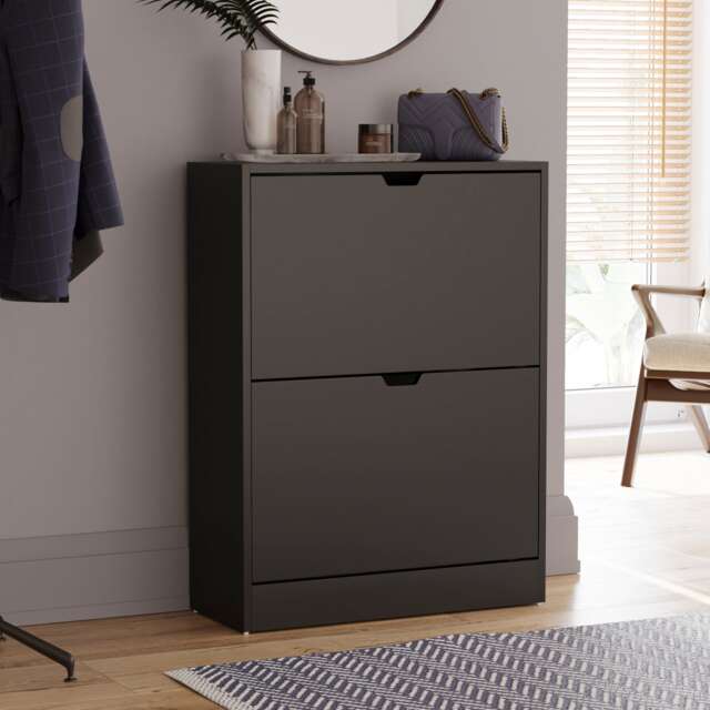 Vida Designs 2 Drawer Shoe Cabinet Shoe Rack Storage Cupboard, Black