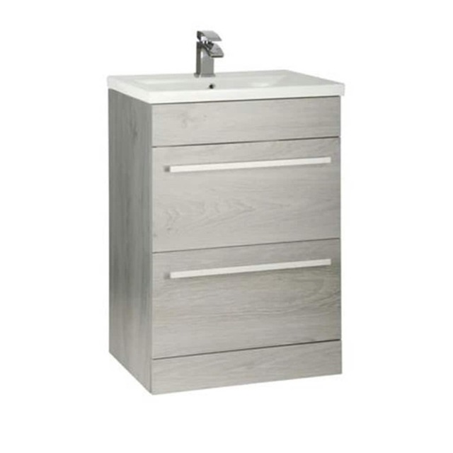 Bathroom 2-Drawer Floor Standing Vanity Unit with Mid Depth Ceramic Basin 600mm Wide - Silver Oak - Brassware Not Included Brown Brown 1