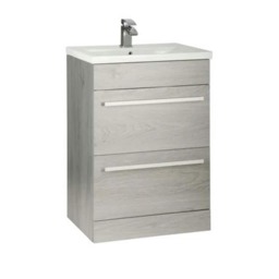 Bathroom 2-Drawer Floor Standing Vanity Unit with Mid Depth Ceramic Basin 600mm Wide - Silver Oak - Brassware Not Included Brown Brown 1