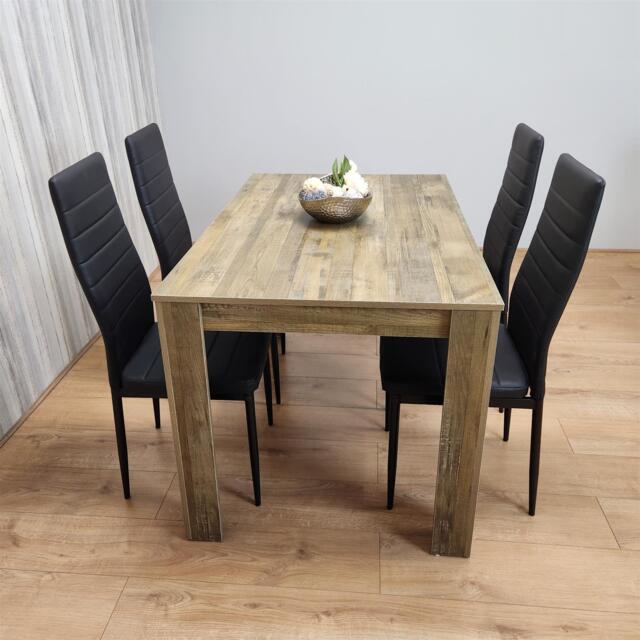 Dining Table and 4 Chairs Rustic Effect Wood Table with 4 Black Faux Leather Dining Chairs