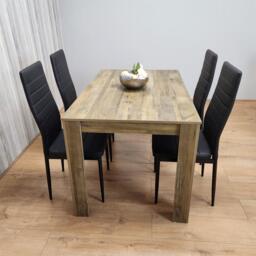 Dining Table and 4 Chairs Rustic Effect Wood Table with 4 Black Faux Leather Dining Chairs
