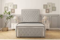 "Sloomy Sofia Chrome Silver Plush Bed Frame With 50"" Upholstered Headboard 5' King"