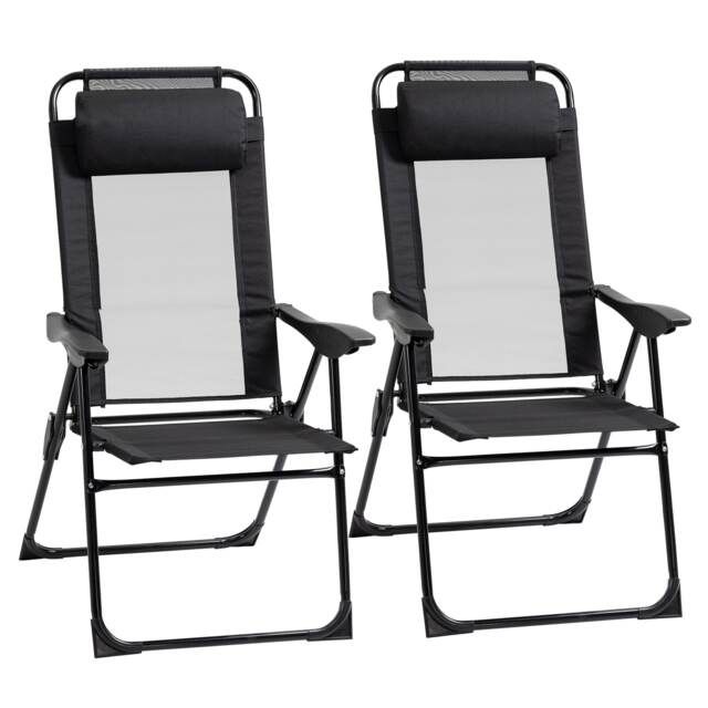 Outsunny Garden Chairs Set of 2 Folding Camping Chair Recliners, Black Black Black
