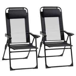 Outsunny Garden Chairs Set of 2 Folding Camping Chair Recliners, Black Black Black
