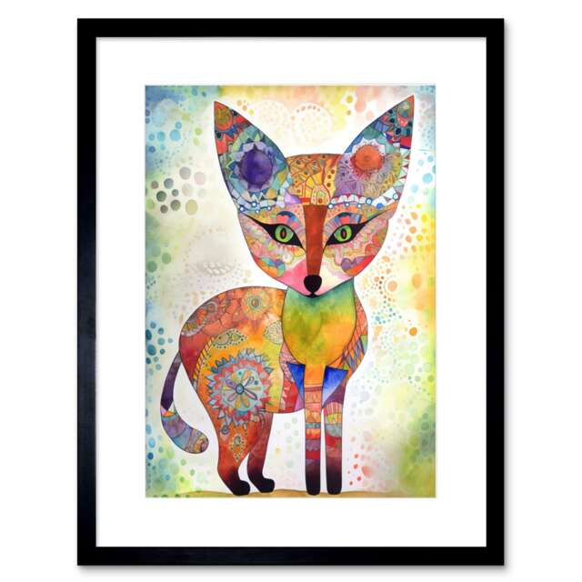 "Fox Folk Art Watercolour Painting 9x7"" Black Framed Wall Art Print"