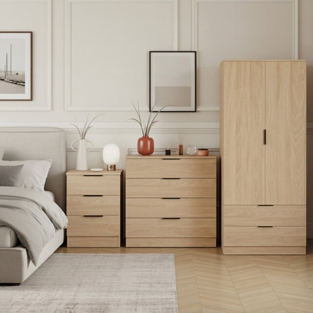 Vida Designs Trega 3 Piece Bedroom Set (3 Drawer Bedside Chest, 4 Drawer Chest, 2 Door 2 Drawer Wardrobe) Pine