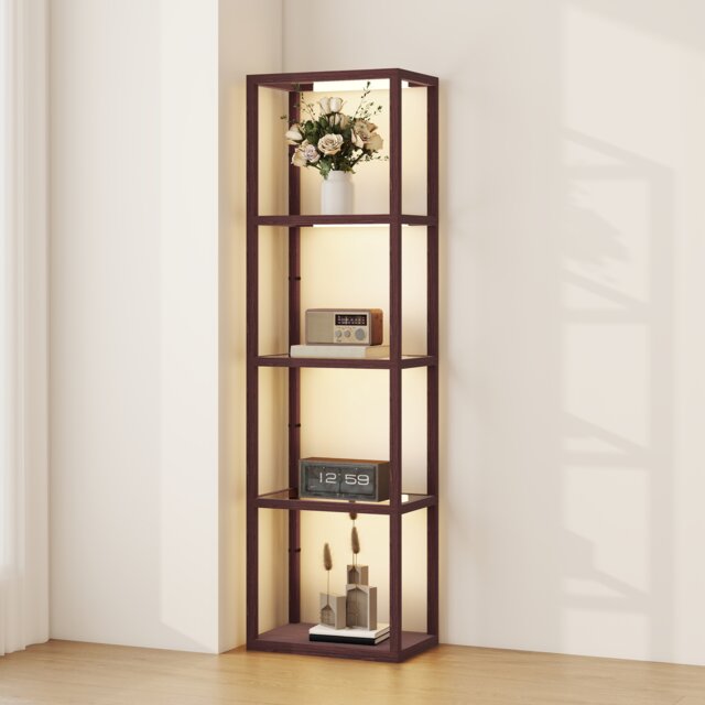 HOMCOM LED Floor Lamp with Glass Shelves, Dimmable Living Room Lamp, Brown Brown