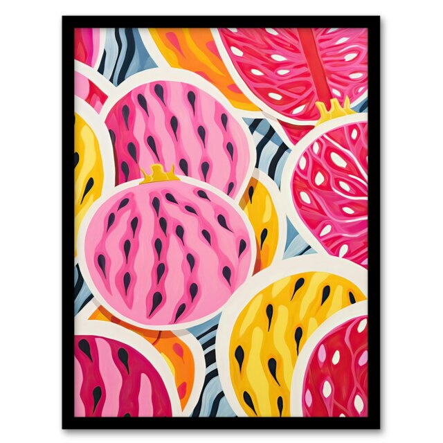 Sliced Fruit Kitchen Pink Orange Vibrant Home Decor Black Framed Wall Art Print A4