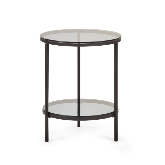 Stirling Circular Lamp Table With Shelf in Smoked Glass and Black