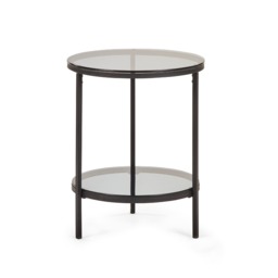 Stirling Circular Lamp Table With Shelf in Smoked Glass and Black