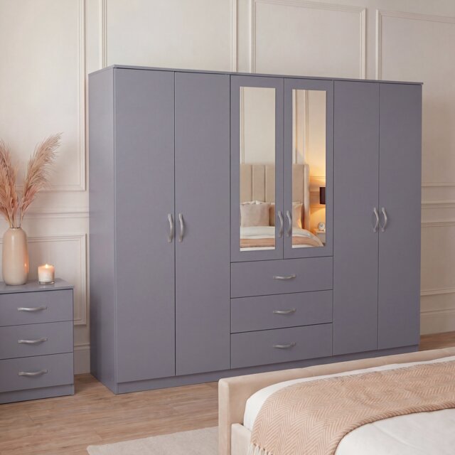 Vida Designs Riano 6 Door 3 Drawer XX-Large Mirrored Wardrobe, Grey