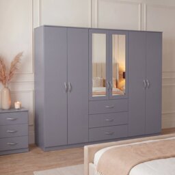 Vida Designs Riano 6 Door 3 Drawer XX-Large Mirrored Wardrobe, Grey