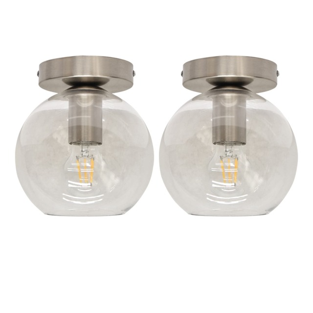 Set of 2 Barnum - Glass Globe Satin Nickel Ceiling Light Fittings